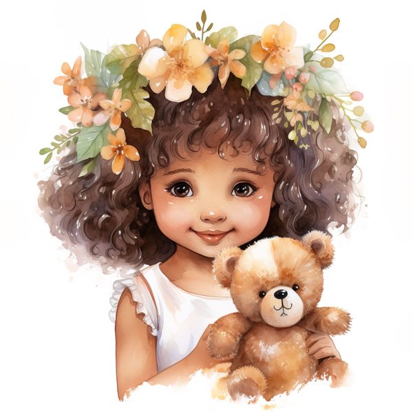 Girl and Teddy Bear Clipart: Watercolor Floral Art Prints (JPG, PNG) — image 2