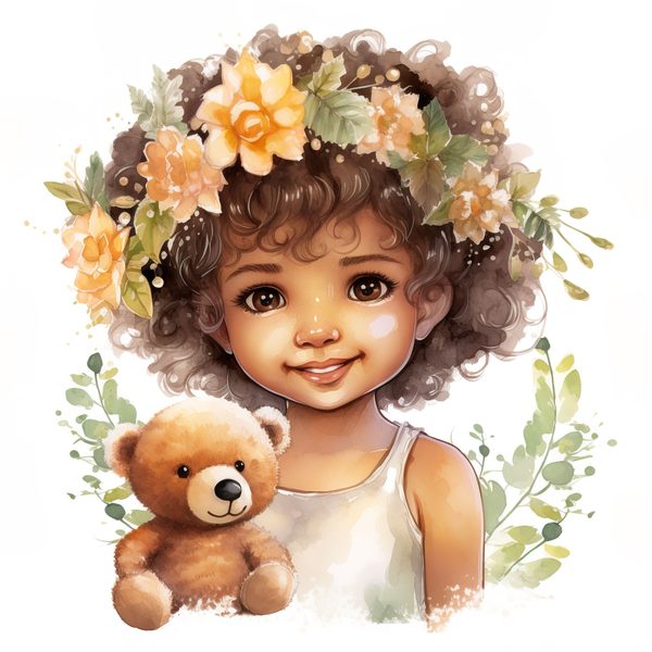 Girl and Teddy Bear Clipart: Watercolor Floral Art Prints (JPG, PNG) — image 3