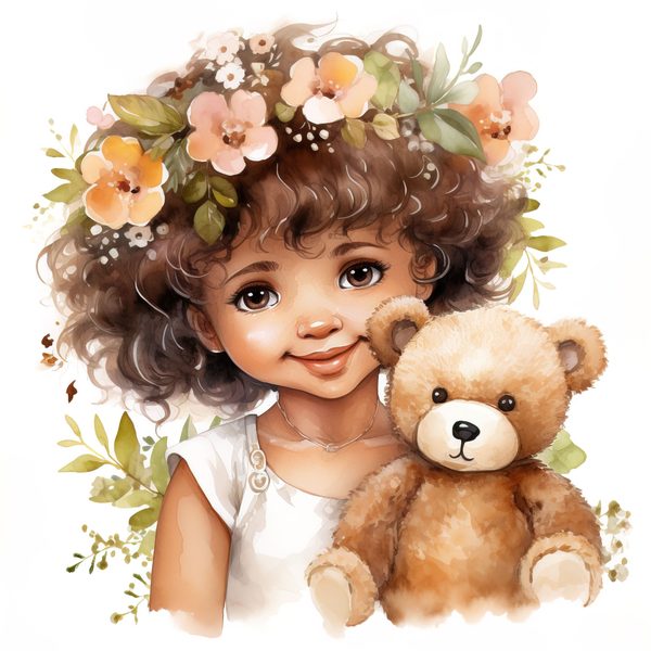 Girl and Teddy Bear Clipart: Watercolor Floral Art Prints (JPG, PNG) — image 4