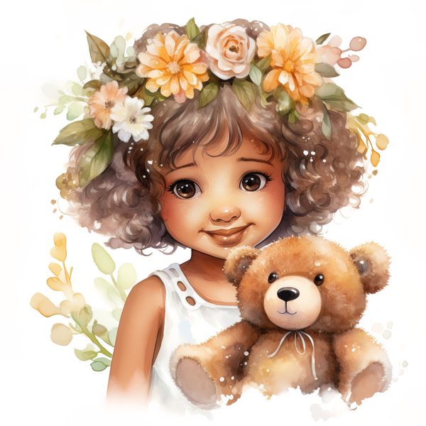 Girl and Teddy Bear Clipart: Watercolor Floral Art Prints (JPG, PNG) — image 5