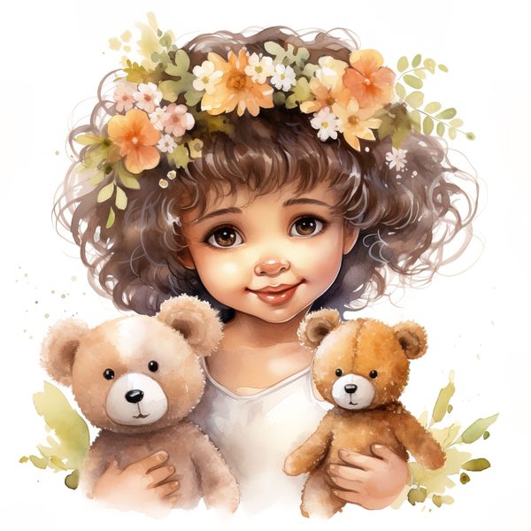 Girl and Teddy Bear Clipart: Watercolor Floral Art Prints (JPG, PNG) — image 6