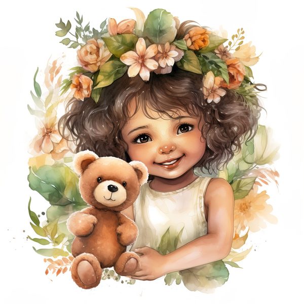 Girl and Teddy Bear Clipart: Watercolor Floral Art Prints (JPG, PNG) — image 7