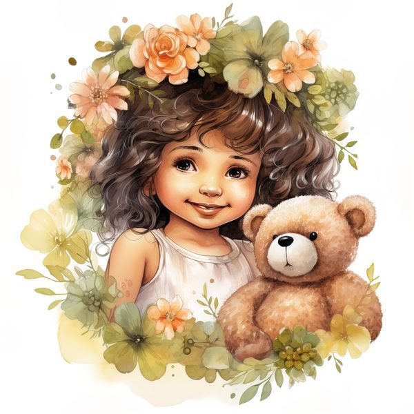 Girl and Teddy Bear Clipart: Watercolor Floral Art Prints (JPG, PNG) — image 8