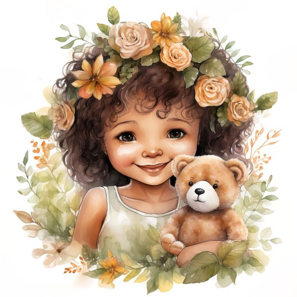 Girl and Teddy Bear Clipart: Watercolor Floral Art Prints (JPG, PNG) — image 9