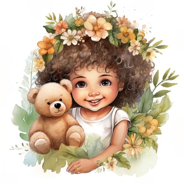 Girl and Teddy Bear Clipart: Watercolor Floral Art Prints (JPG, PNG) — image 10