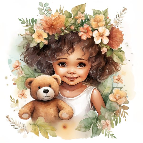 Girl and Teddy Bear Clipart: Watercolor Floral Art Prints (JPG, PNG) — image 11