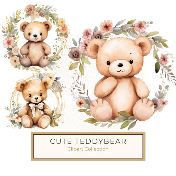 Teddy Bear Clipart: Floral Wreath PNG, JPG Graphics (Commercial Use)