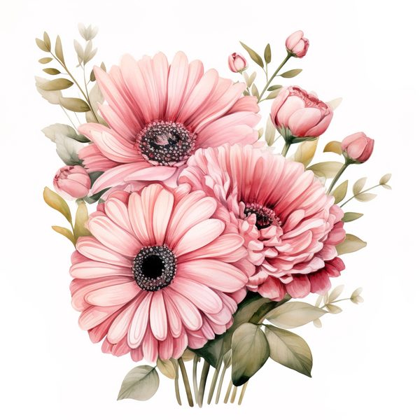 Pink Gerbera Daisy Bouquet Clipart: Watercolor Floral PNG JPG (Commercial Use) — image 2