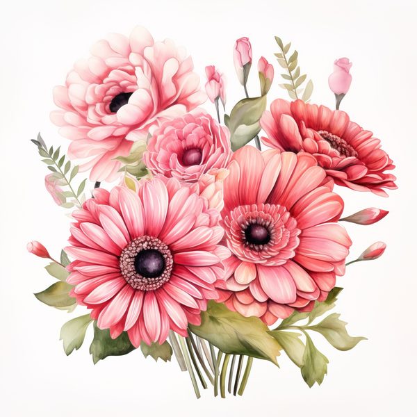 Pink Gerbera Daisy Bouquet Clipart: Watercolor Floral PNG JPG (Commercial Use) — image 3