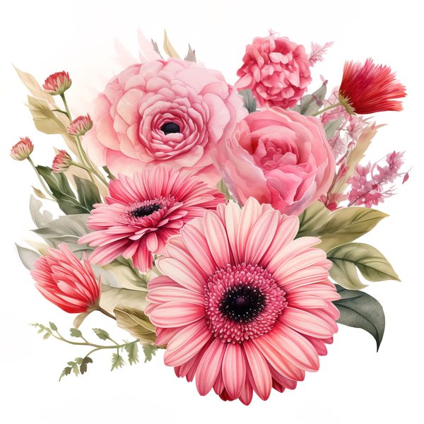 Pink Gerbera Daisy Bouquet Clipart: Watercolor Floral PNG JPG (Commercial Use) — image 5