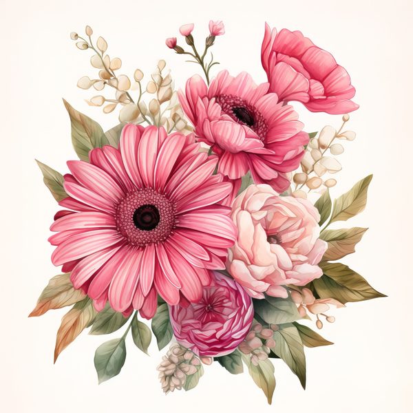 Pink Gerbera Daisy Bouquet Clipart: Watercolor Floral PNG JPG (Commercial Use) — image 7