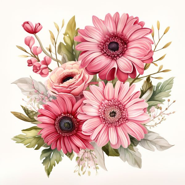 Pink Gerbera Daisy Bouquet Clipart: Watercolor Floral PNG JPG (Commercial Use) — image 8