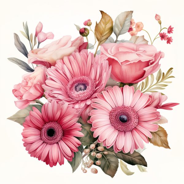 Pink Gerbera Daisy Bouquet Clipart: Watercolor Floral PNG JPG (Commercial Use) — image 9