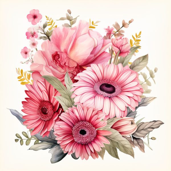 Pink Gerbera Daisy Bouquet Clipart: Watercolor Floral PNG JPG (Commercial Use) — image 13