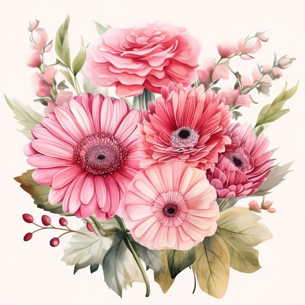 Pink Gerbera Daisy Bouquet Clipart: Watercolor Floral PNG JPG (Commercial Use) — image 14