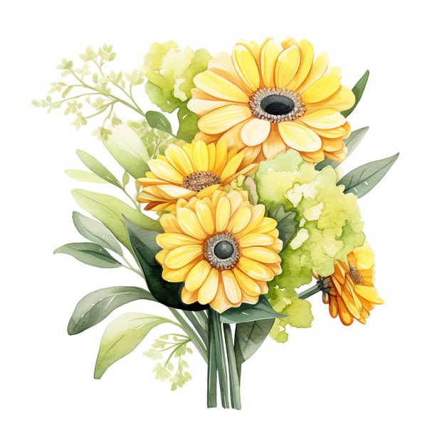 Watercolor Gerbera Daisy Clipart: Yellow Floral PNG Graphics (Commercial Use, 6x6 inches, 300 DPI) — image 1