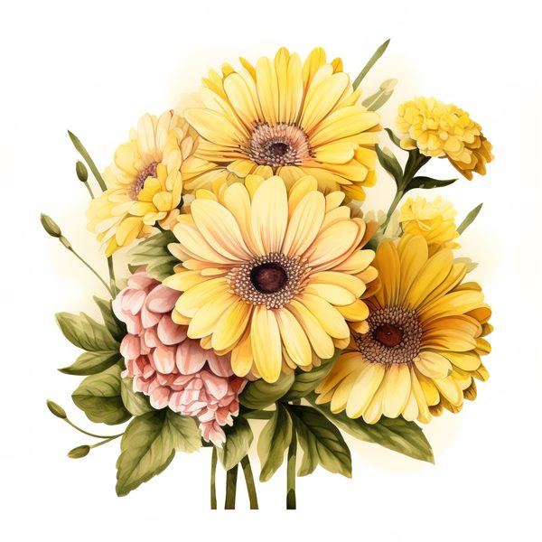 Watercolor Gerbera Daisy Clipart: Yellow Floral PNG Graphics (Commercial Use, 6x6 inches, 300 DPI) — image 2