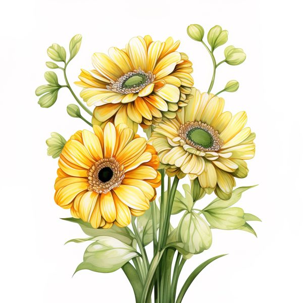 Watercolor Gerbera Daisy Clipart: Yellow Floral PNG Graphics (Commercial Use, 6x6 inches, 300 DPI) — image 3