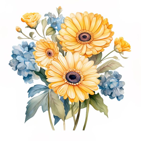 Watercolor Gerbera Daisy Clipart: Yellow Floral PNG Graphics (Commercial Use, 6x6 inches, 300 DPI) — image 4