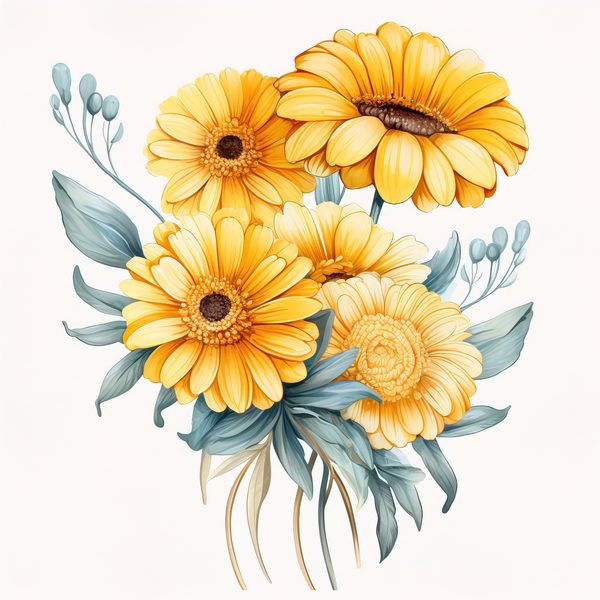 Watercolor Gerbera Daisy Clipart: Yellow Floral PNG Graphics (Commercial Use, 6x6 inches, 300 DPI) — image 5