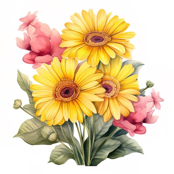 Watercolor Gerbera Daisy Clipart: Yellow Floral PNG Graphics (Commercial Use, 6x6 inches, 300 DPI) — image 7