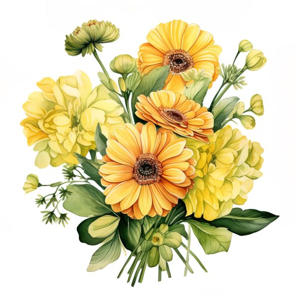 Watercolor Gerbera Daisy Clipart: Yellow Floral PNG Graphics (Commercial Use, 6x6 inches, 300 DPI) — image 8