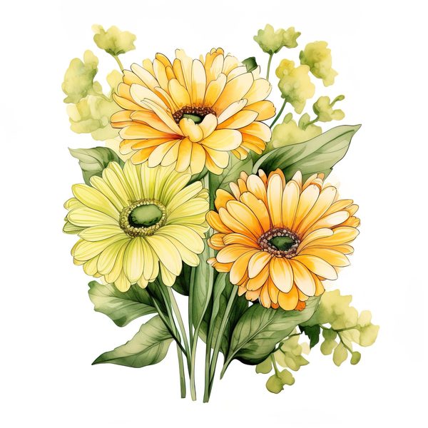 Watercolor Gerbera Daisy Clipart: Yellow Floral PNG Graphics (Commercial Use, 6x6 inches, 300 DPI) — image 9