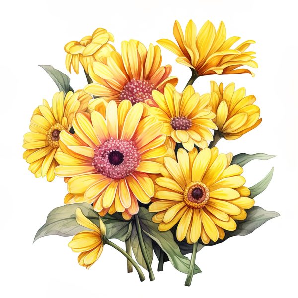 Watercolor Gerbera Daisy Clipart: Yellow Floral PNG Graphics (Commercial Use, 6x6 inches, 300 DPI) — image 10