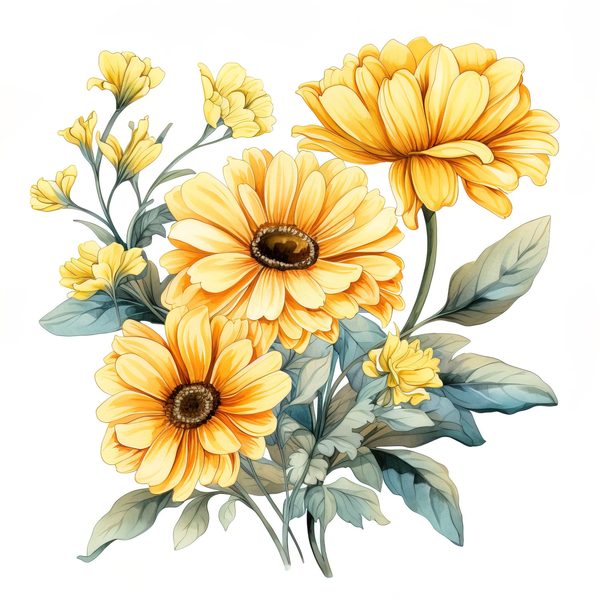 Watercolor Gerbera Daisy Clipart: Yellow Floral PNG Graphics (Commercial Use, 6x6 inches, 300 DPI) — image 11