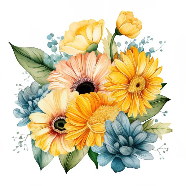 Watercolor Gerbera Daisy Clipart: Yellow Floral PNG Graphics (Commercial Use, 6x6 inches, 300 DPI) — image 12