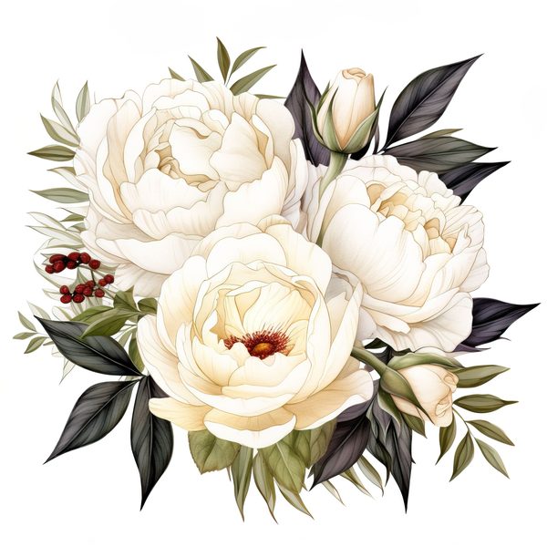 Watercolor White Peonies Clipart: Floral Bouquet Art (PNG JPG, 300 DPI) — image 3