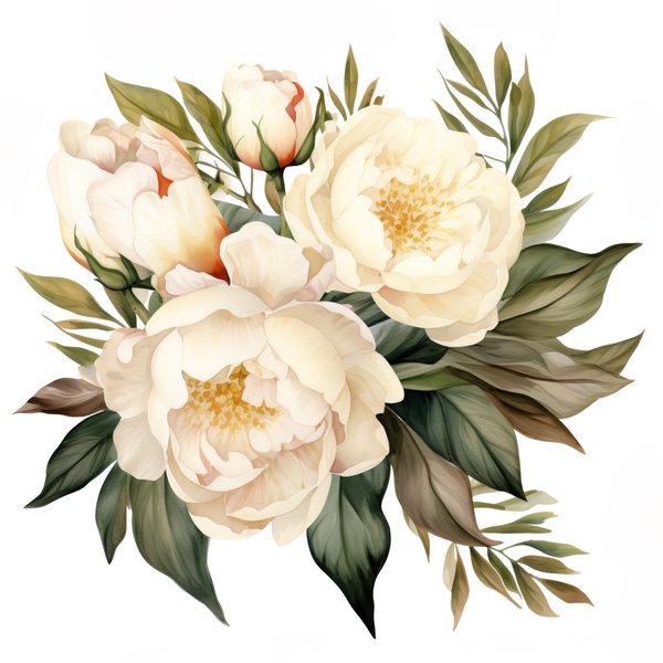 Watercolor White Peonies Clipart: Floral Bouquet Art (PNG JPG, 300 DPI) — image 4