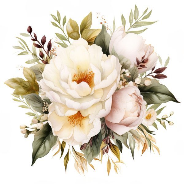 Watercolor White Peonies Clipart: Floral Bouquet Art (PNG JPG, 300 DPI) — image 7