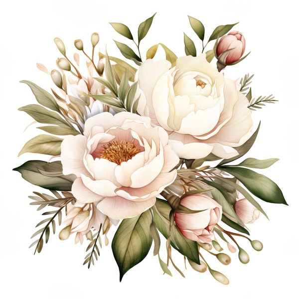 Watercolor White Peonies Clipart: Floral Bouquet Art (PNG JPG, 300 DPI) — image 9