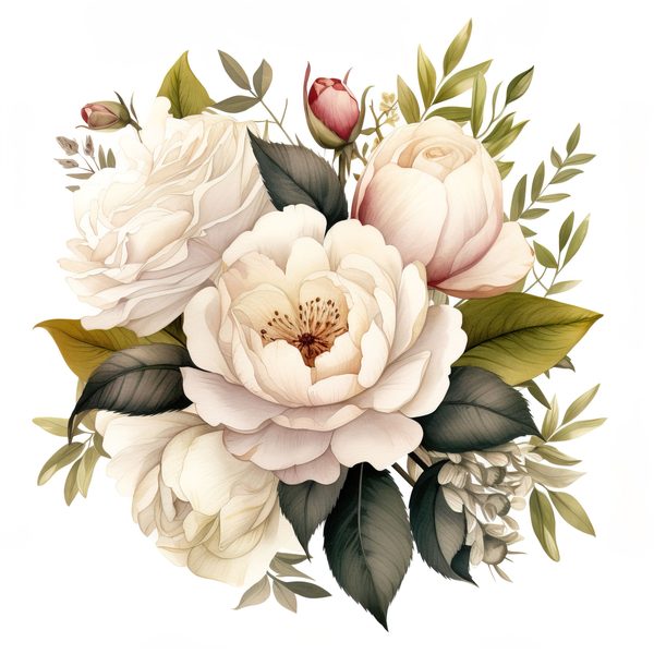 Watercolor White Peonies Clipart: Floral Bouquet Art (PNG JPG, 300 DPI) — image 10