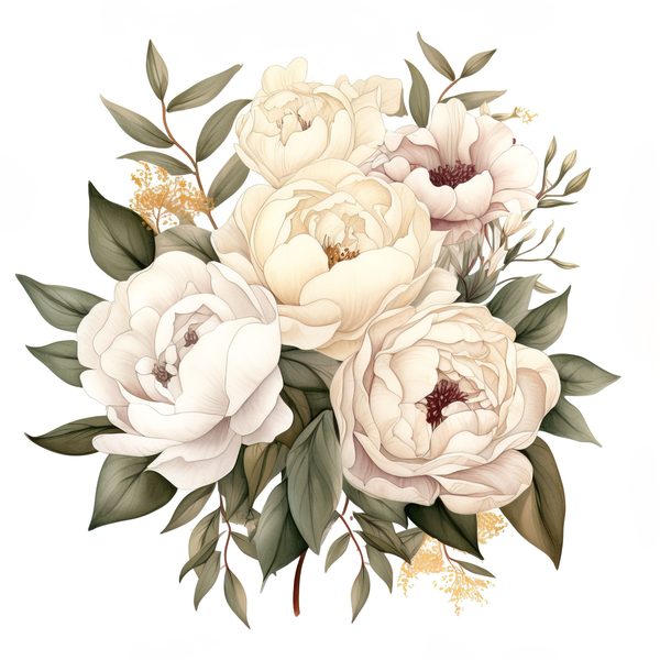Watercolor White Peonies Clipart: Floral Bouquet Art (PNG JPG, 300 DPI) — image 11