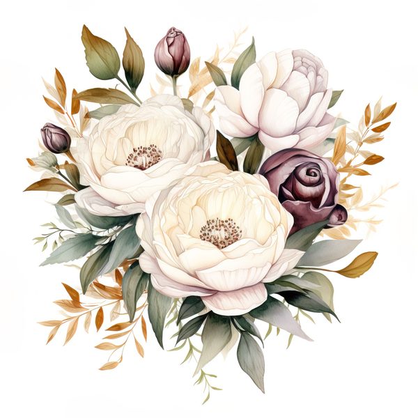 Watercolor White Peonies Clipart: Floral Bouquet Art (PNG JPG, 300 DPI) — image 12