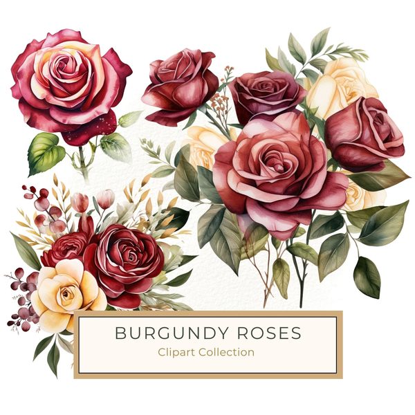 Watercolor Burgundy Rose Bouquet Clipart: Romantic Wedding Art (JPG, PNG)