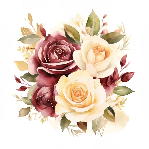Watercolor Burgundy Rose Bouquet Clipart: Romantic Wedding Art (JPG, PNG) — image 3