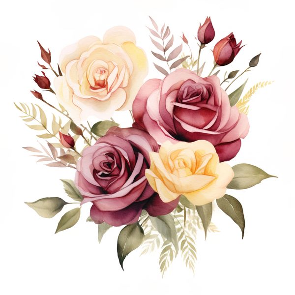Watercolor Burgundy Rose Bouquet Clipart: Romantic Wedding Art (JPG, PNG) — image 4