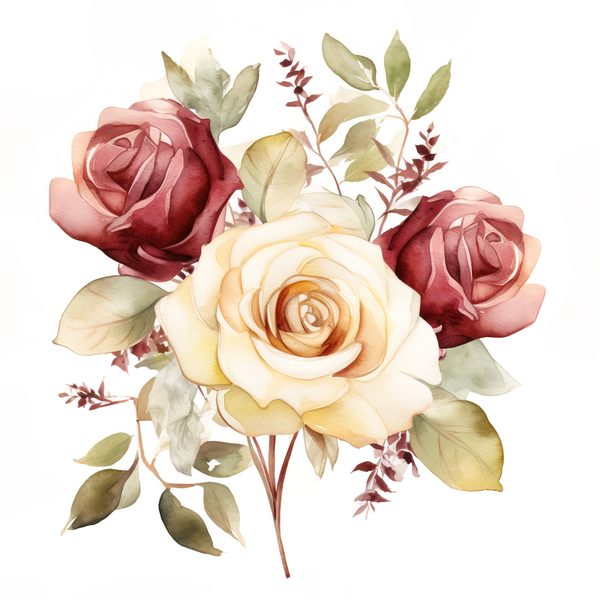 Watercolor Burgundy Rose Bouquet Clipart: Romantic Wedding Art (JPG, PNG) — image 5
