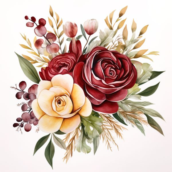 Watercolor Burgundy Rose Bouquet Clipart: Romantic Wedding Art (JPG, PNG) — image 13