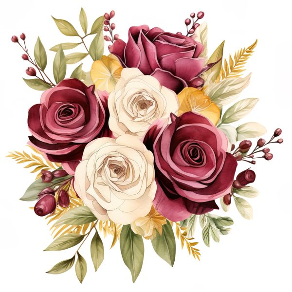 Watercolor Burgundy Rose Bouquet Clipart: Romantic Wedding Art (JPG, PNG) — image 16