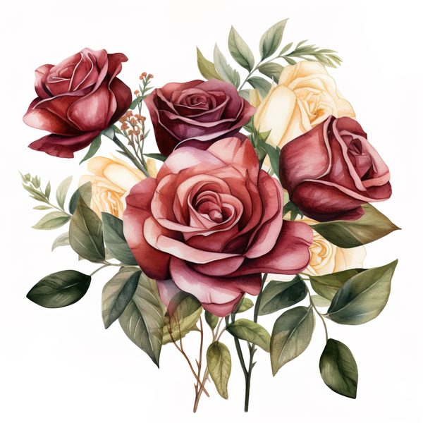 Watercolor Burgundy Rose Bouquet Clipart: Romantic Wedding Art (JPG, PNG) — image 17