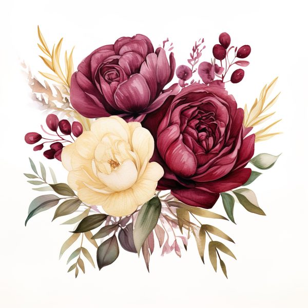 Watercolor Burgundy Floral Clipart: Roses & Peonies (JPG, PNG Digital Download) — image 9