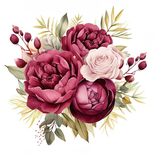Watercolor Burgundy Floral Clipart: Roses & Peonies (JPG, PNG Digital Download) — image 11