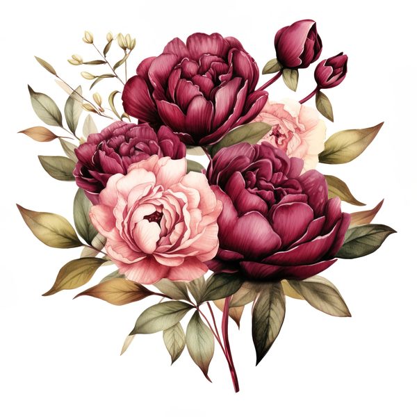 Watercolor Burgundy Floral Clipart: Roses & Peonies (JPG, PNG Digital Download) — image 12
