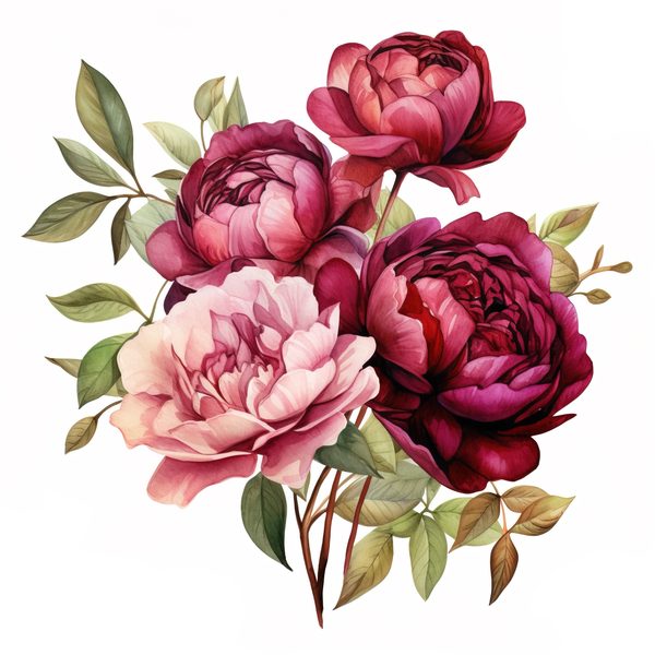 Watercolor Burgundy Floral Clipart: Roses & Peonies (JPG, PNG Digital Download) — image 13