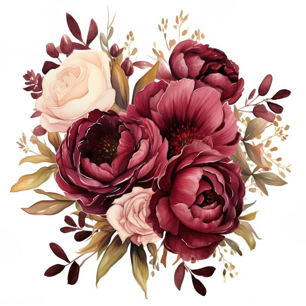 Watercolor Burgundy Floral Clipart: Roses & Peonies (JPG, PNG Digital Download) — image 15