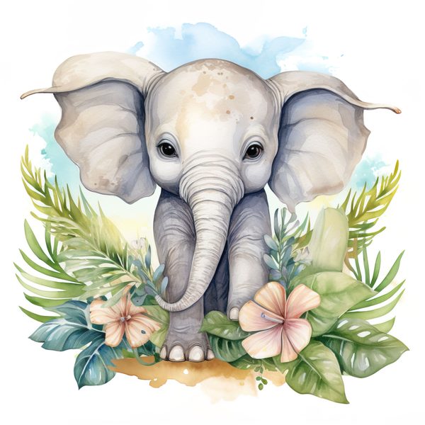 Elephant Family Clipart, Tropical Watercolor Art (PNG JPG) — image 8
